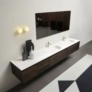 Antonio Lupi Atelier Комплект подвесной мебели с тумбами под раковину, 2 раковинами NUVOLA, зеркальным шкафом MANTRA, пеналом ATELIER, светильником BOLLA1, 90 см, цвет: Rovere thermo