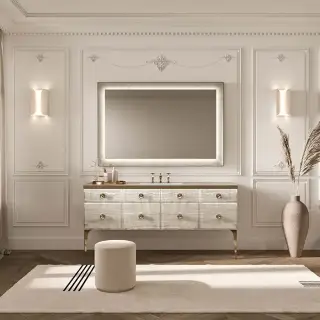 VITAGE milldue edition MAJESTIC 10 Комплект мебели 180х55х82см напольный, раковина, зеркало, с подсветкой, отделка: стекло alabastro gold, фурнитура: бронза