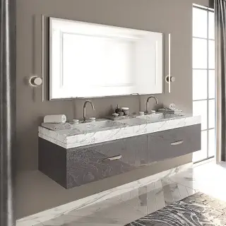 VITAGE milldue edition HILTON Тумба подвесная 180х56х32см, мраморная столешница с 2 раковинами, отделка: стекло twill smoke