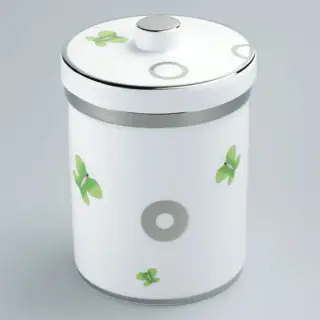 THG CAPUCINE VERT DECOR PLATINE Банка керамическая с крышкой, настольная, декор платина/зеленый, цвет: белый