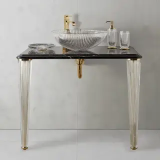 3SC Elegance Консоль ELEGANCE 90х54хh97см с раковиной EL11, топ-мрамор nero marquinia, сифон, напольная, цвет: золото 24к. Lucido