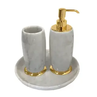 3SC Elegance Коплект: стакан, дозатор, лоток,  мрамор bianco carrara/, цвет: золото 24к. Lucido