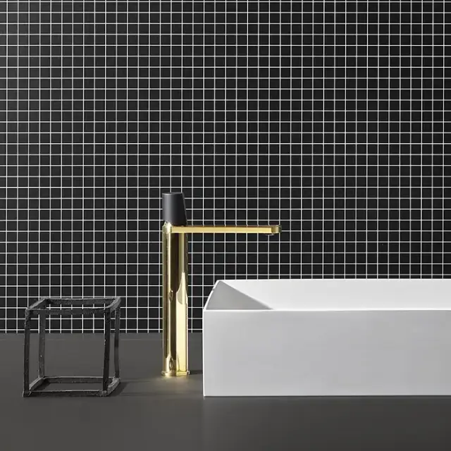 ANTONIO LUPI INDIGO Смеситель для раковины на 1 отверстие, однорычажный, высота 285 мм., ручка черная матовая, отделка: полированная натуральная латунь