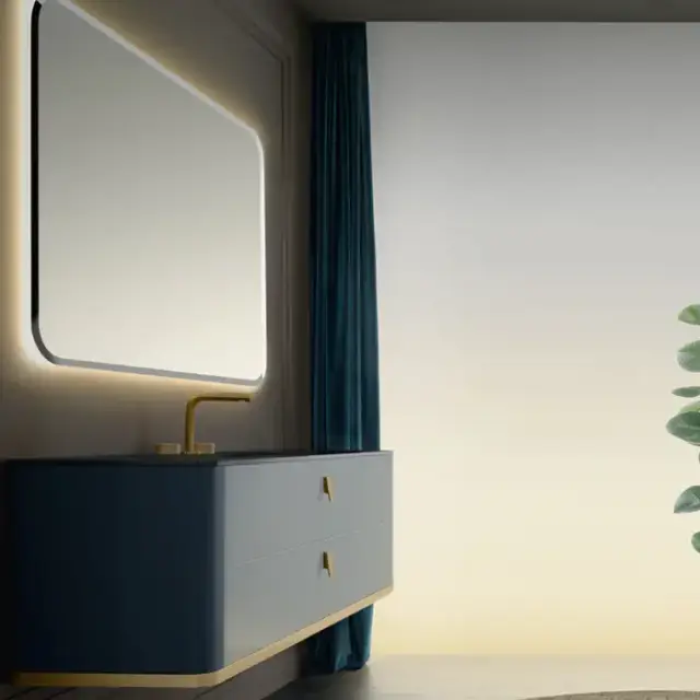 VITAGE milldue edition TAILOR Комплект мебели с базой, ручки сатинированное золото, интегрированной стеклянной раковиной ASPEN, зеркалом BEND с подсветкой, 141см, лак высокий глянец, подвесной, Цвет: zaffiro-137