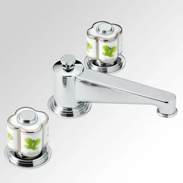 THG CAPUCINE VERT DECOR PLATINE Смеситель для раковины на 3 отверстия, с донным клапаном, декор платина/зеленый, цвет: хром