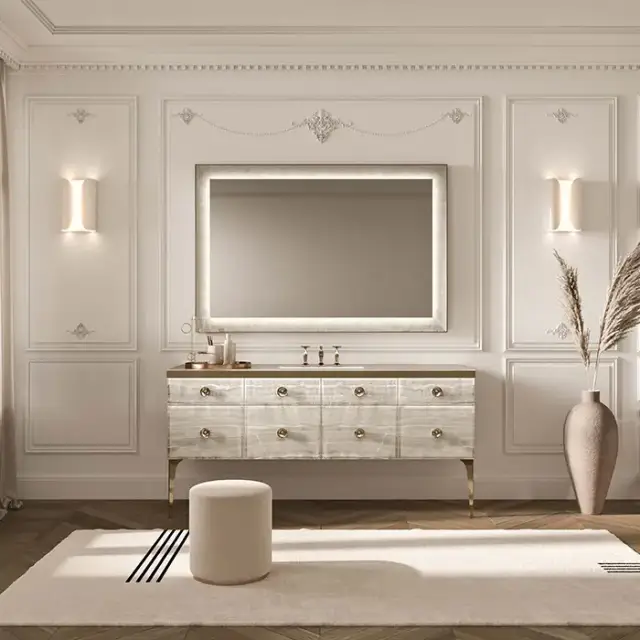 VITAGE milldue edition MAJESTIC 10 Комплект мебели 180х55х82см напольный, раковина, зеркало, с подсветкой, отделка: стекло alabastro gold, фурнитура: бронза