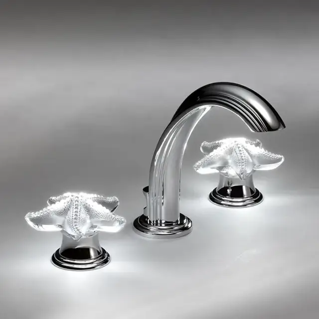 THG Oceania Смеситель для раковины на 3 отверстия, ручки с подсветкой, с донным клапаном, цвет: хром