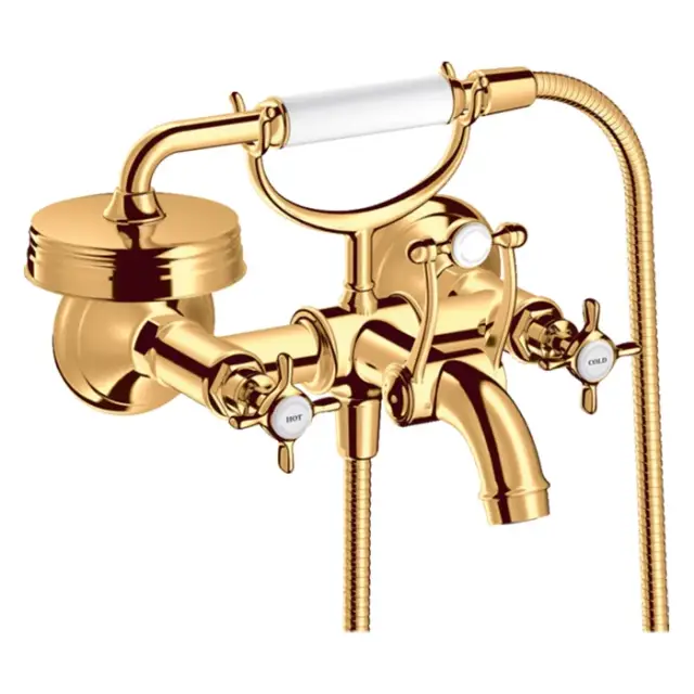 Axor Montreux Смеситель для ванны, 2 вентиля, ручной душ, шланг, излив, цвет: полированное золото 16540990