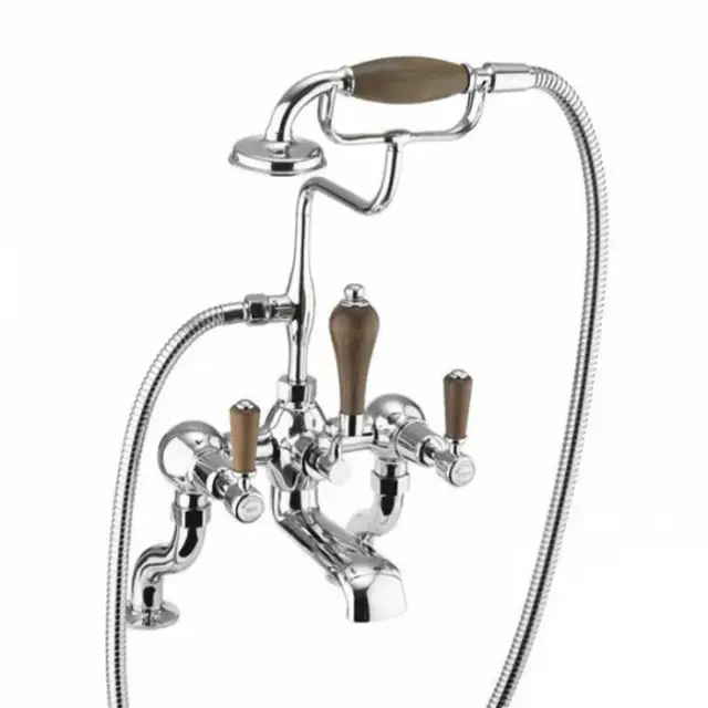 Burlington Bridge Смеситель на борт ванны с изливом 13 см и ручным душем, цвет: хром/орех глянец KE15-QT WAL