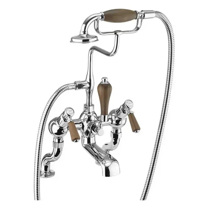 Burlington Bridge Смеситель на борт ванны с изливом 13 см и ручным душем, цвет: хром/орех глянец KE19-QT WAL