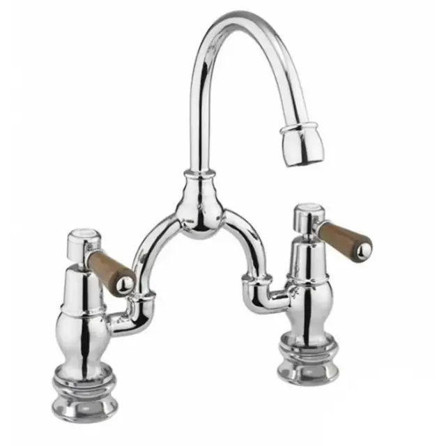 Burlington Regent Смеситель для раковины на 2 отверстия, излив 20h см, цвет: хром/орех глянцевый KER27-QT WAL