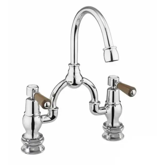 Burlington Regent Смеситель для раковины на 2 отверстия, излив 21h см, цвет: хром/орех глянцевый KER28-QT WAL