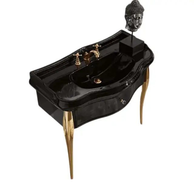 Kerasan Retro Консоль 100x54 см, под раковину на 100 см, напольная, с ящиком, цвет: Nero lucido/Oro 7363K4