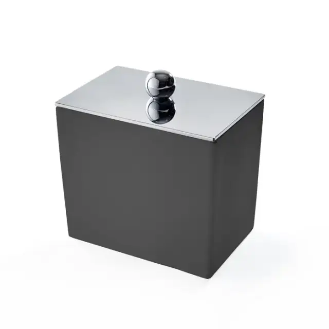 3SC Mood Black Баночка универсальная, 10х10х7 см, с крышкой, настольная,  композит Solid Surface, цвет: чёрный матовый/хром